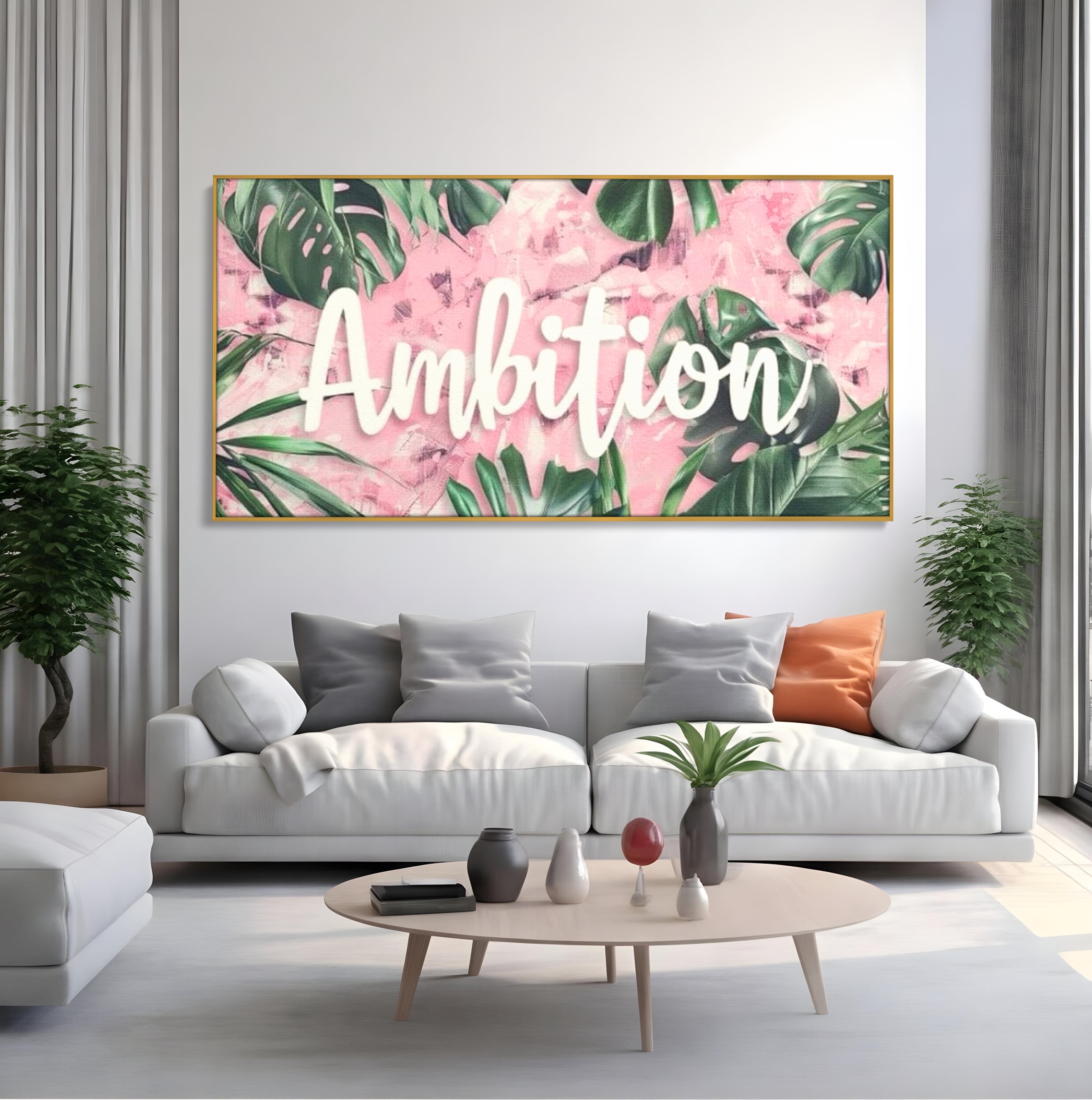 Tablou canvas cu tablou canvas cu frunze tropicale si text, in rama de aluminiu auriu, pe perete intr-un living